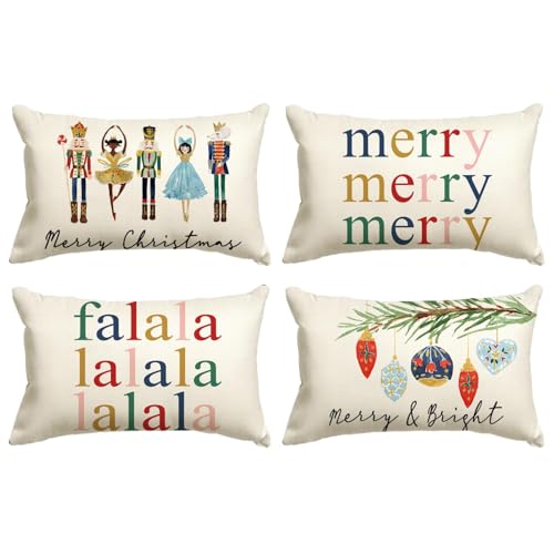 Artoid Mode Nussknacker Falala Frohe Weihnachten Kissenbezüge 4er Set, 30x50 cm Merry Christmas Xmas Zierkissenbezug Cushion Cover Couch Deko von Artoid Mode