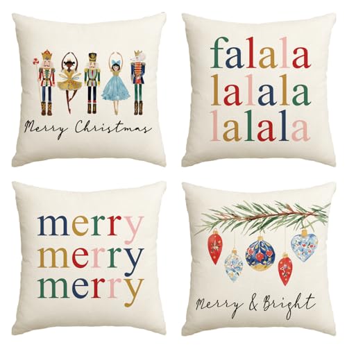 Artoid Mode Nussknacker Falala Frohe Weihnachten Kissenbezüge 4er Set, 50x50 cm Merry Christmas Xmas Zierkissenbezug Cushion Cover Couch Deko von Artoid Mode