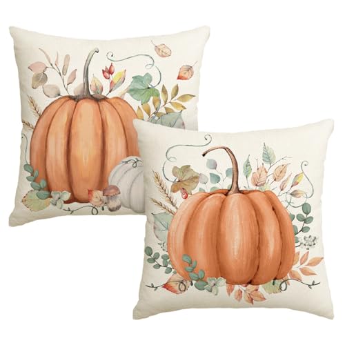 Artoid Mode Orange Blätter Kürbisse Herbst Kissenbezüge 2er Set, 45x45 cm Saisonnal Fall Zierkissenbezug Cushion Cover Wohnzimmer Deko von Artoid Mode