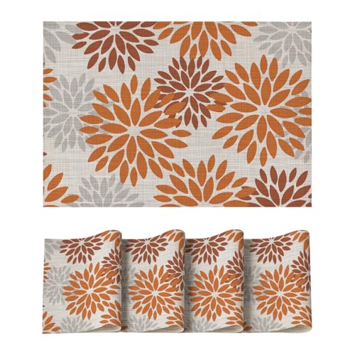 Artoid Mode Orange Dahlien Herbst PVC Platzsets 4er Set, 30x45cm Tischsets Schmutzabweisend Hitzebeständig Platzdeckchen Küche Deko von Artoid Mode