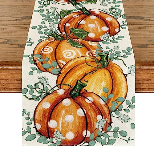 Artoid Mode Orange Eukalyptus Tupfen Dots Kürbisse Herbst Tischläufer, Saisonnal Küche Tisch Dekoration Drinnen Urlaub Party Dekor 40x140 cm von Artoid Mode