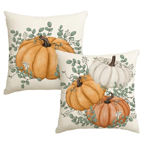 Artoid Mode Orange Kürbisse Eukalyptus Herbst Kissenbezüge 2er Set, 45x45 cm Saisonnal Fall Zierkissenbezug Cushion Cover Wohnzimmer Deko von Artoid Mode