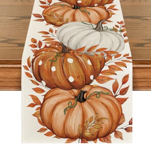 Artoid Mode Planken Blätter Kürbisse Herbst Tischläufer, Saisonnal Küche Tisch Dekoration Drinnen Urlaub Party Dekor 40x140 cm von Artoid Mode