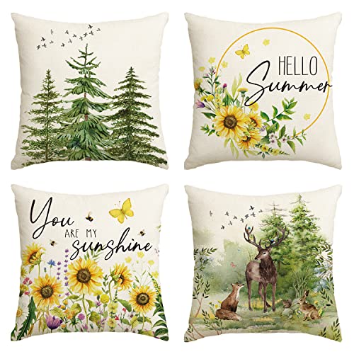 Artoid Mode Rentier Sonnenblumen Baum Pflanzen Hallo Sommer Kissenbezüge 4er Set, 45x45 cm Frühling Zierkissenbezug Couch Wohnzimmer Deko von Artoid Mode