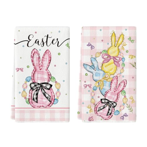 Artoid Mode Rosa Büffelkaro Blätter Hasen Ostern Küchentücher Geschirrtücher, 42x65 cm Easter Frühling Dekoration Polyester Handtücher 2er Set von Artoid Mode