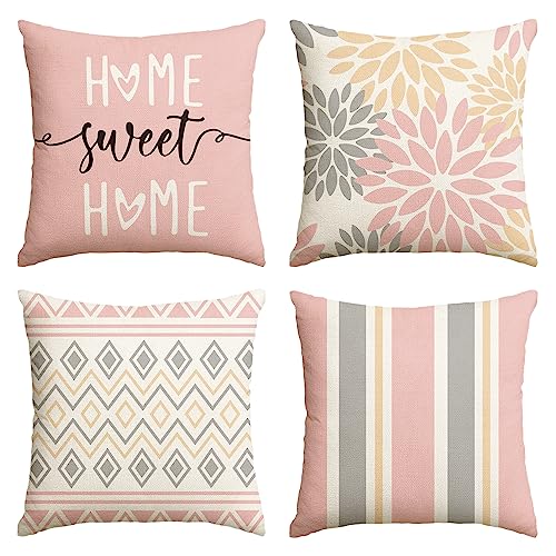 Artoid Mode Rosa Dahlien Geometrisch Kissenbezüge 4er Set, 40x40 cm Frühling Zierkissenbezug Cushion Cover Couch Wohnzimmer Außenbereich Deko von Artoid Mode