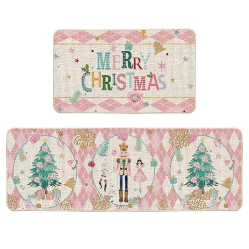 Artoid Mode Rosa Diamant Plaid Baum Nussknacker Weihnachten Küchenteppich 2er Set, Waschbar Küchenmatten Für Innen Außen Dekor - 43x73 and 43x118 cm von Artoid Mode