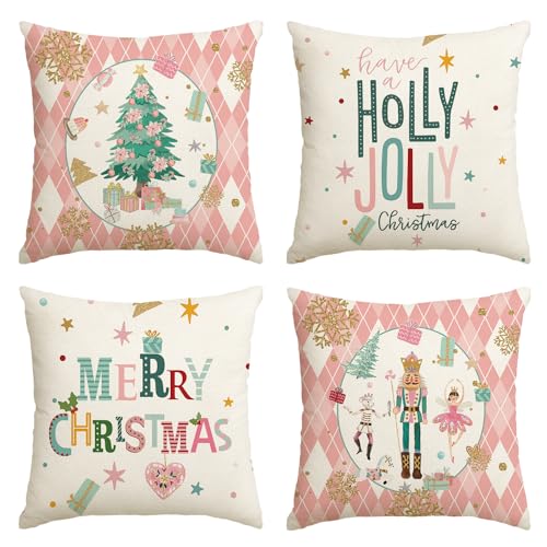 Artoid Mode Rosa Diamant Plaid Nussknacker Baum Frohe Weihnachten Kissenbezüge 4er Set, 45x45cm Winter Zierkissenbezug Couch Wohnzimmer Deko von Artoid Mode