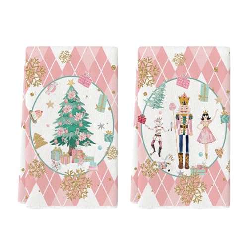 Artoid Mode Rosa Diamant Plaid Nussknacker Weihnachtsbaum Weihnachten Küchentücher Geschirrtücher, 42x65 cm Winter Deko Polyester Handtücher 2er Set von Artoid Mode