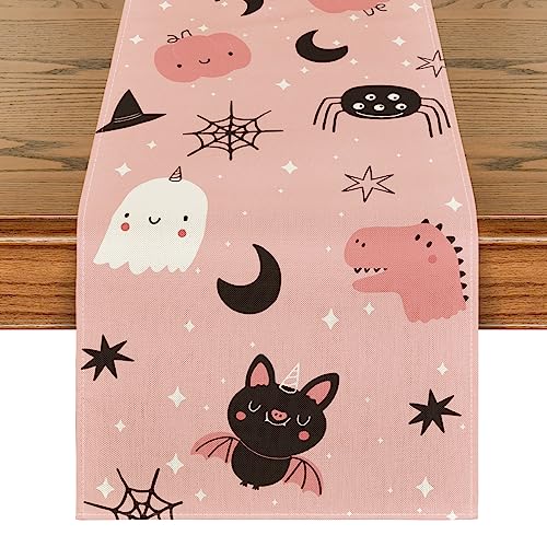 Artoid Mode Rosa Geist Spinnennetz Mond Fledermaus Halloween Tischläufer, Küche Tisch Dekoration Drinnen Urlaub Party Dekor 40x140 cm von Artoid Mode