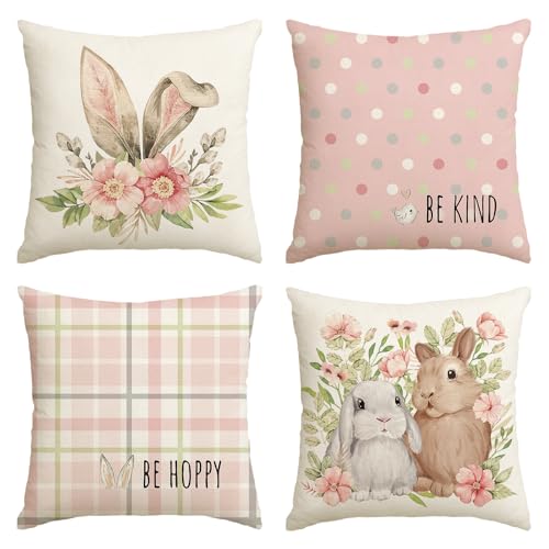 Artoid Mode Rosa Hasenohren Hasen Blumen Ostern Kissenbezüge 4er Set, 40x40 cm Strifen Tupfen Frühling Zierkissenbezug Couch Wohnzimmer Deko von Artoid Mode