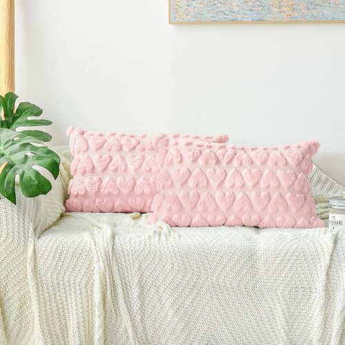 Artoid Mode Rosa Weich Künstliche Pelz Jacquard Herz Kissenbezüge 2er Set, 30x50 cm Plüsch Samt Sofakissen Zierkissenbezug Schlafzimmer Deko von Artoid Mode