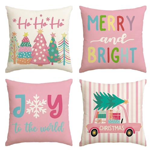 Artoid Mode Lastwagen Weihnachtsbäume Schneeflocken Weihnachten Kissenbezüge 4er Set, 45x45cm Winter Zierkissenbezug Couch Wohnzimmer Deko von Artoid Mode