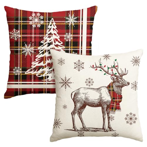 Artoid Mode Rot BüffelKaro Weihnachtsbaum Rentier Weihnachten Kissenbezüge 2er Set, 45x45 cm Schneeflocken Zierkissenbezug Cushion Cover Couch Deko von Artoid Mode
