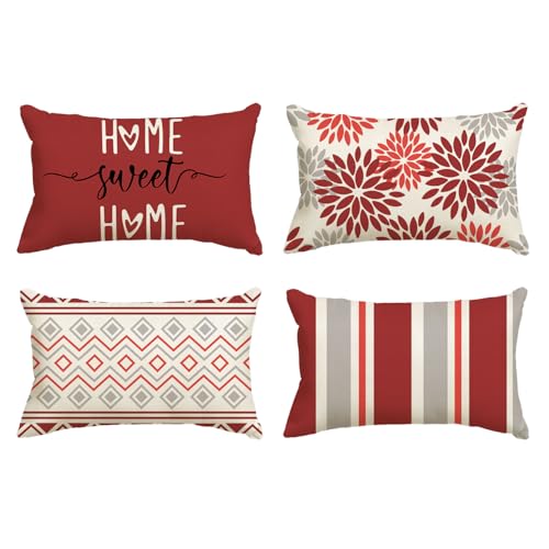 Artoid Mode Rot Dahlien Geometrisch Frühling Kissenbezüge 4er Set, 30x50 cm Zierkissenbezug Cushion Cover Couch Wohnzimmer Außenbereich Deko von Artoid Mode