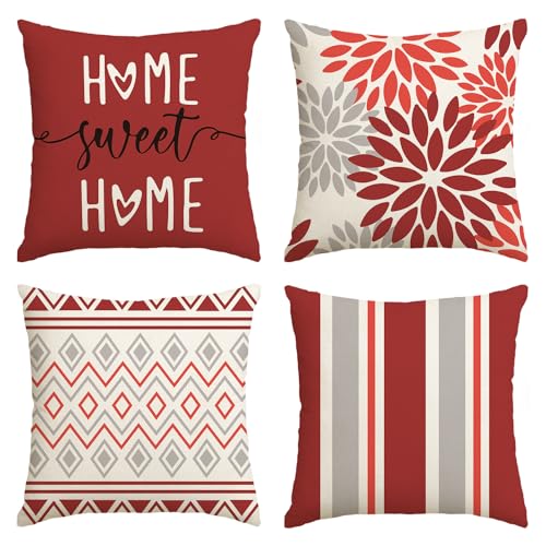Artoid Mode Rot Dahlien Geometrisch Frühling Kissenbezüge 4er Set, 50x50 cm Zierkissenbezug Cushion Cover Couch Wohnzimmer Außenbereich Deko von Artoid Mode