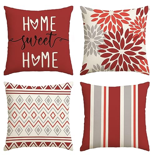 Artoid Mode Rot Dahlien Geometrisch Frühling Kissenbezüge 4er Set, 45x45 cm Zierkissenbezug Cushion Cover Couch Wohnzimmer Außenbereich Deko von Artoid Mode