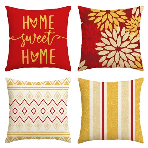 Artoid Mode Rot Gold Dahlien Geometrisch Chinesisches Neujahr Kissenbezüge 4er Set, 45x45 cm Cushion Cover Couch Wohnzimmer Außenbereich Deko von Artoid Mode