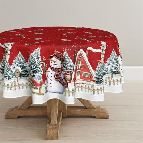 Artoid Mode Rot Haus Schnee Bäume Zaun Schneemann Weihnachten Tischdecke Rund 140 cm, Winter Fleckschutz Tischwäsche Küche Dekoration Party Dekor von Artoid Mode