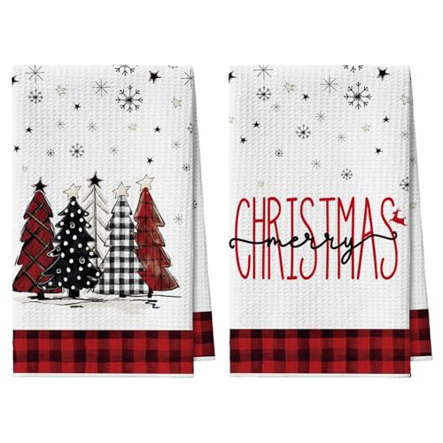 Artoid Mode Rot Weiß Büffelkaro Bäume Bar Weihnachten Küchentücher Geschirrtücher, 42x65 cm Mikrofaser Saugfähig Handtücher Küchen Deko 2er Set von Artoid Mode