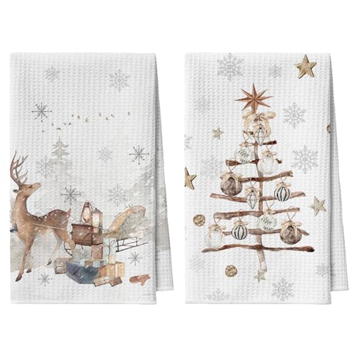 Artoid Mode Schneeflocken Bäume Geschenke Rentier Bar Weihnachten Küchentücher Geschirrtücher, 42x65 cm Mikrofaser Saugfähig Küchen Deko 2er Set von Artoid Mode
