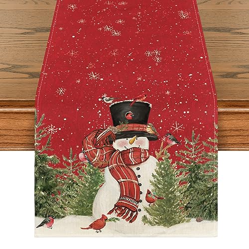 Artoid Mode Schneemann Vögel Weihnachten Tischläufer Rot, Waschbar Modern Winter Küche Esstisch Dekoration für drinnen und draußen Sankt Nikolaus Tag Urlaub Party Wohnzimmer Dekor 40 x 140 cm von Artoid Mode