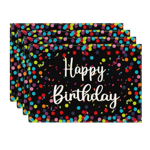 Artoid Mode Schwarz Punkte Happy Birthday Geburtstag Platzsets 4er Set, 30x45cm Couchtisch Urlaub Tischsets Platzdeckchen Küche Party Deko von Artoid Mode