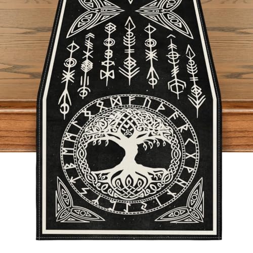 Artoid Mode Schwarz Wikinger Futhark Runen Odin Baum des Lebens Tischläufer, Saisonnal Küche Tisch Dekoration Drinnen Urlaub Party Dekor 40x140 cm von Artoid Mode