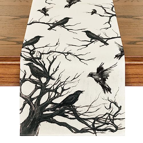 Artoid Mode Schwarz und Weiß Scherenschnitt Raben Baum Halloween Tischläufer, Küche Tisch Dekoration Drinnen Urlaub Party Dekor 40x180 cm von Artoid Mode