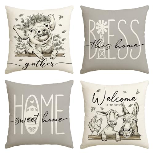 Artoid Mode Schwein Kuh Esel Ente Wildtiere Frühling Kissenbezüge 4er Set, 45x45 cm Home Sweet Home Zierkissenbezug Cushion Cover Wohnzimmer Deko von Artoid Mode