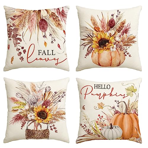 Artoid Mode Sonnenblumen Blätter Vase Kürbisse Herbst Kissenbezüge 4er Set, 45x45 cm Zierkissenbezug Cushion Cover Couch Wohnzimmer Deko von Artoid Mode