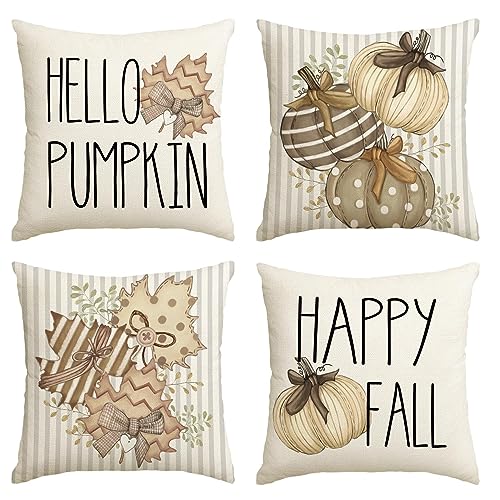 Artoid Mode Streifen Ahornblätter Hallo Kürbisse Herbst Kissenbezüge 4er Set, 50x50 cm Zierkissenbezug Cushion Cover Couch Wohnzimmer Deko von Artoid Mode