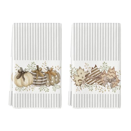 Artoid Mode Streifen Ahornblätter Kürbisse Herbst Küchentücher Geschirrtücher, 42x65 cm Saisonale Fall Dekoration Polyester Handtücher 2er Set von Artoid Mode