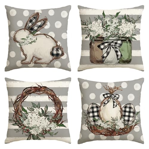 Artoid Mode Striefen Hasen Blumen Ostereier Ostern Kissenbezüge 4er Set, 40x40 cm Saisonnal Zierkissenbezug Cushion Cover Couch Wohnzimmer Deko von Artoid Mode