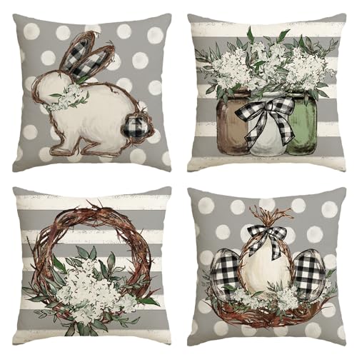 Artoid Mode Striefen Hasen Blumen Ostereier Ostern Kissenbezüge 4er Set, 45x45 cm Frühling Happy Easter Zierkissenbezug Couch Wohnzimmer Deko von Artoid Mode