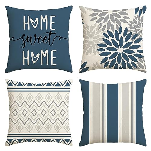 Artoid Mode Tiefblau Dahlien Geometrisch Frühling Kissenbezüge 4er Set, 45x45 cm Zierkissenbezug Cushion Cover Couch Wohnzimmer Außenbereich Deko von Artoid Mode