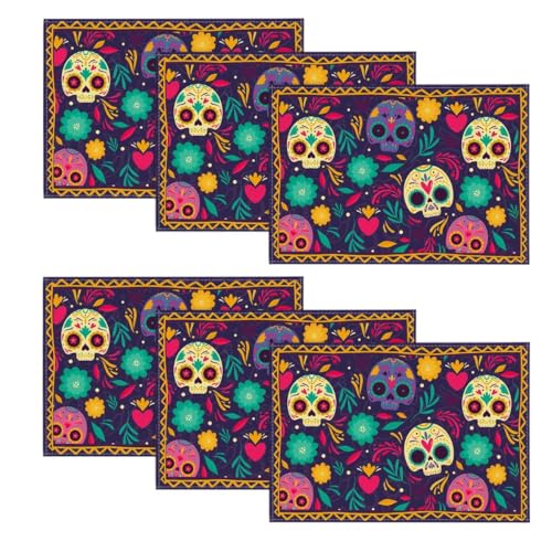 Artoid Mode Totenköpfe Blumen Tag der Toten Mexiko Halloween Platzsets 6er Set, 30x45cm Urlaub Tischsets Waschbar Platzdeckchen Küche Party Deko von Artoid Mode