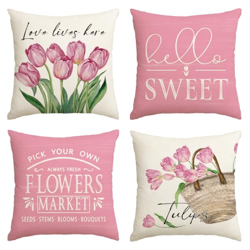 Artoid Mode Tulpen Tulips Korb Hello Sweet Frühling Kissenbezüge 4er Set, 40x40 cm Saisonnal Zierkissenbezug Couch Wohnzimmer Deko von Artoid Mode