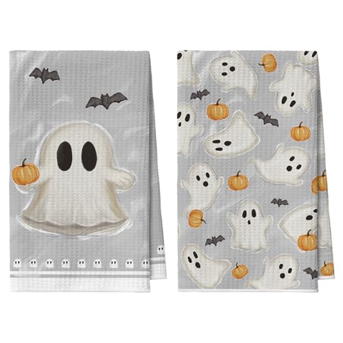 Artoid Mode Watercolor Geist Fledermaus Kürbisse Halloween Bar Küchentücher Geschirrtücher, 42x65 cm Mikrofaser Saugfähig Handtücher Deko 2er Set von Artoid Mode
