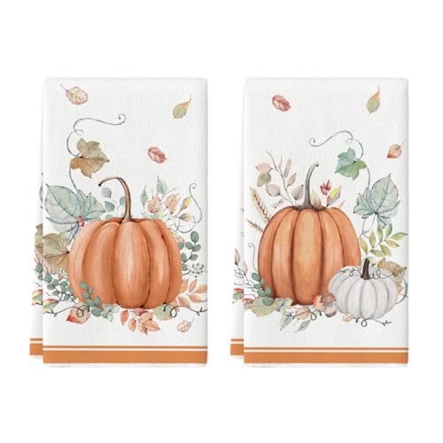 Artoid Mode Watercolor Orange Kürbisse Blätter Herbst Küchentücher Geschirrtücher, 42x65 cm Saisonale Fall Dekoration Polyester Handtücher 2er Set von Artoid Mode