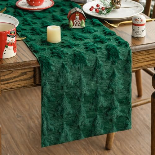 Artoid Mode Weich Plüsch Samt Faux Pelz Jacquard Grün Kiefern Baum Weihnachten Tischläufer, Winter Küche Tisch Urlaub Party Dekor 33x153 cm von Artoid Mode