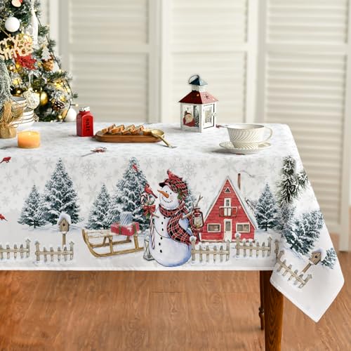 Artoid Mode Weiß Haus Schnee Bäume Zaun Schneemann Weihnachten Tischdecke 140x110 cm, Winter Fleckschutz Tischwäsche Küche Dekoration Party Dekor von Artoid Mode