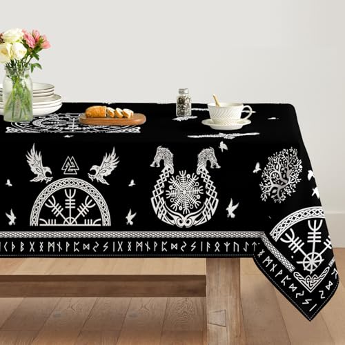 Artoid Mode Weiß Wikinger Baum des Lebens Rabe Rune Symbol Tischdecke 140x180 cm, Saisonnal Fleckschutz Tischwäsche Küche Dekoration Party Dekor von Artoid Mode