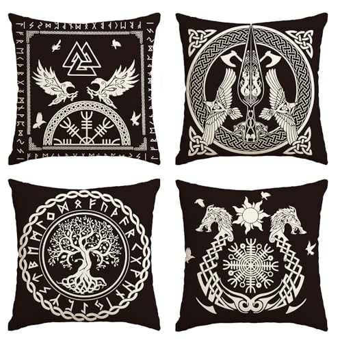 Artoid Mode Wikinger Baum des Lebens Rabe Helm der Ehrfurcht Kissenbezüge 4er Set, 40x40cm Zierkissenbezug Cushion Cover Couch Wohnzimmer Deko von Artoid Mode