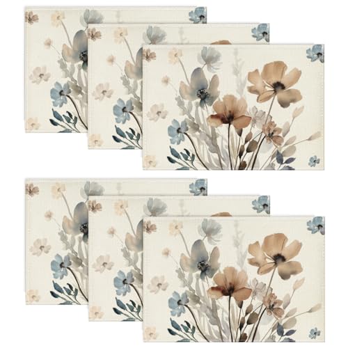 Artoid Mode Wilde Tuschemalerei Blumen Blätter Frühling 6er Set Platzsets, 30x45cm Sommer Bankett Tischsets Waschbar Platzdeckchen Küche Party Deko von Artoid Mode