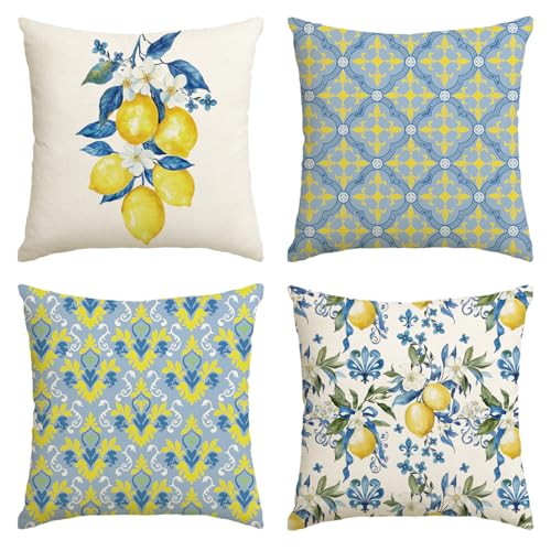 Artoid Mode Zitrone Blumen Floral Sommer Kissenbezüge 4er Set, 40x40 cm Saisonnal Zierkissenbezug Cushion Cover Couch Wohnzimmer Deko von Artoid Mode