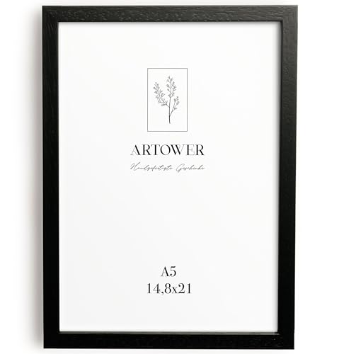 Artower® Bilderrahmen für DIN A5 15 x 21 cm Schwarz Holz Dünner Rahmen | Dokumentrahmen Zertifikatrahmen Collage | Picture Frame Black Wood 14,8 x 21cm | Holzbilderrahmen Poster Rahmen Echtholz von Artower