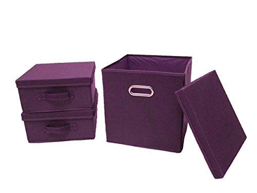 Ordnungsboxen Violett 3er SET Aufbewahrungsbox Brombeere Stoff Aufbewahrungskorb mit Deckel Faltbar Spielzeugkiste Einschubkorb Regalbox Stoffbox violett, 28,5x28,5x13,5h 1 Karton:30,5x30,5x30,5h von Artra Design GmbH