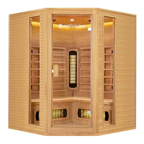 Artsauna Eck-Infrarotkabine Nyborg E150V - Infrarotsauna 150x150 cm Vollspektrumstrahler für 4 Personen - LED-Farblicht - Wärmekabine aus Hemlockholz von Artsauna