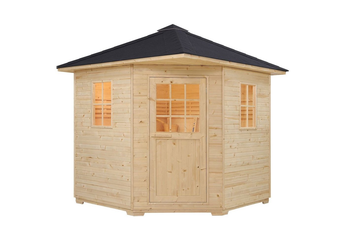 Artsauna Saunahaus Eldur, BxTxH: 200 x 200 x 256 cm, 40 mm, für 4 Personen, Fichtenholz, 8 kW Ofen, Sanduhr, Thermo-Hygrometer von Artsauna